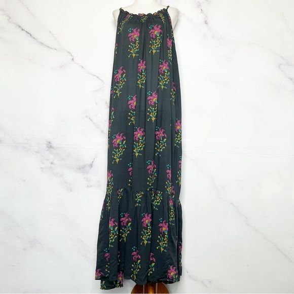 SOLD Anthropologie Flounced Maxi Lounge Dress Black Motif Floral - Picture 5 of 15